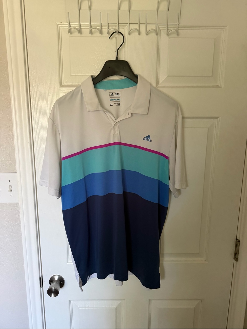 adidas Men’s White Polo with Teal, Blue and Navy Stripe